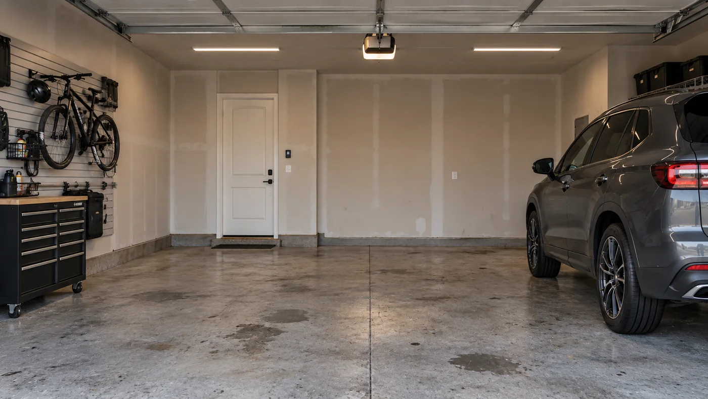 Two-car garage with bare, oil-stained concrete and unfinished walls